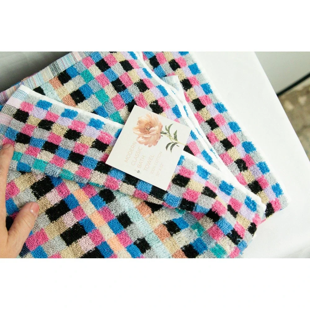 Modern Classic 100% Cotton Bath Towel Set Multi Color Checkered 30x52 2pc